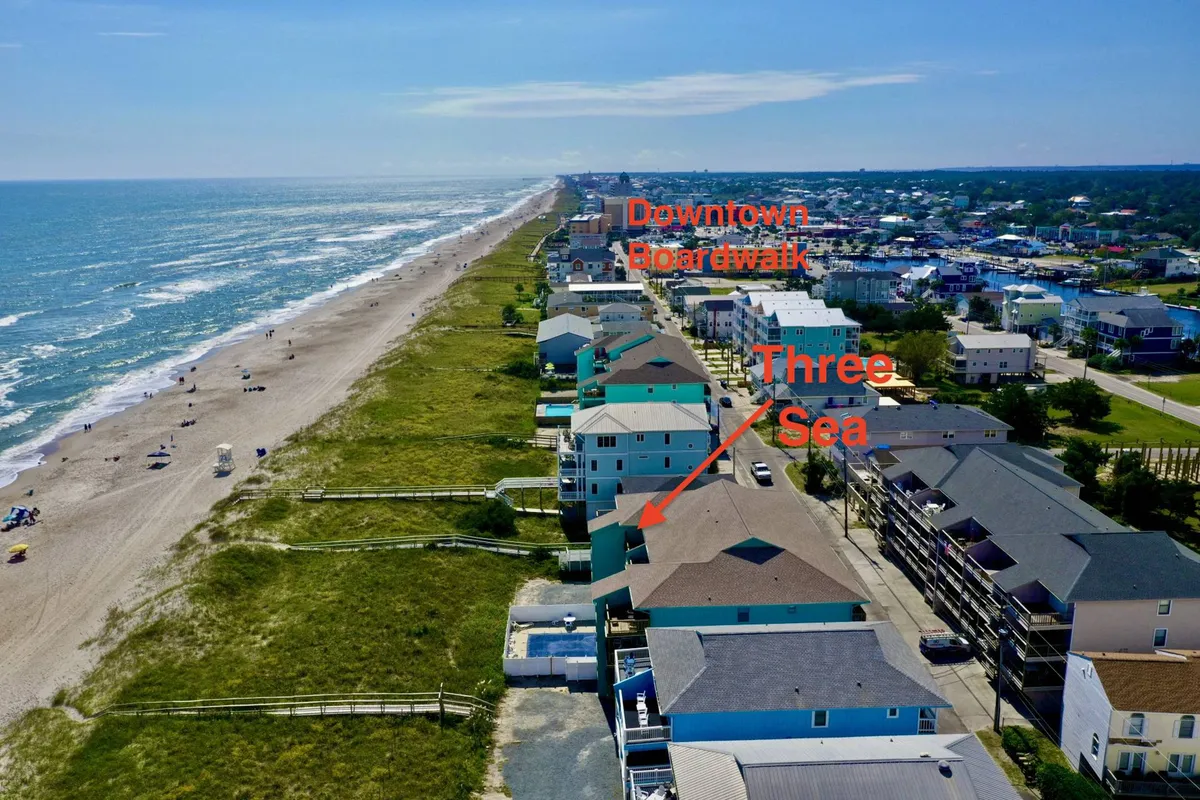 A lively beachfront scene with the iconic Carolina Beach Boardwalk, residential buildings, and people enjoying beach activities and exploring local shops. The image conveys a sense of energy and excitement just steps from the home, showing both proximity to fun and the vibrant local atmosphere.